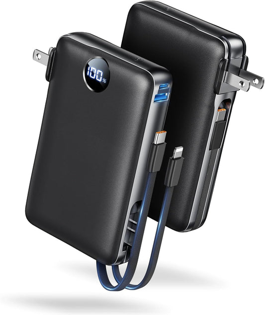 Portable Charger Power Bank 50000mAh Massive Capacity with Wall Plug Black | Built-in USB-C & iOS Cables, 22.5W Fast Charging Battery Pack with LED Display, Travel Essential for Camping, iPhone/Samsung