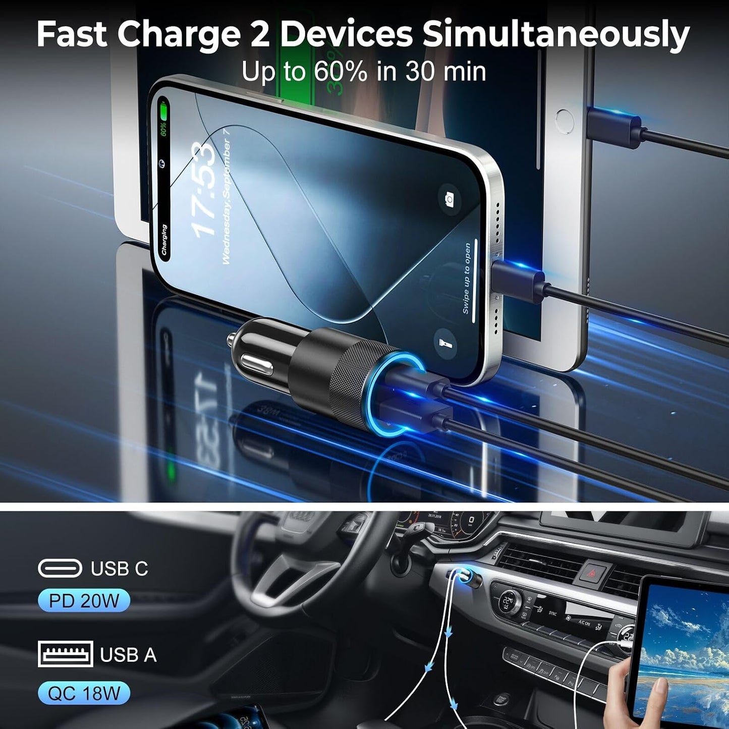 6 Pack USB C Car Charger, Ancekoy 38W USB-C + USB-A Car Charger Adapter | Fast Charge PD/QC 3.0 Cigarette Lighter Adapter USB Charger Plug for iPhone 17/16/15/14/13/12/11/Pro Max, iPad, Samsung