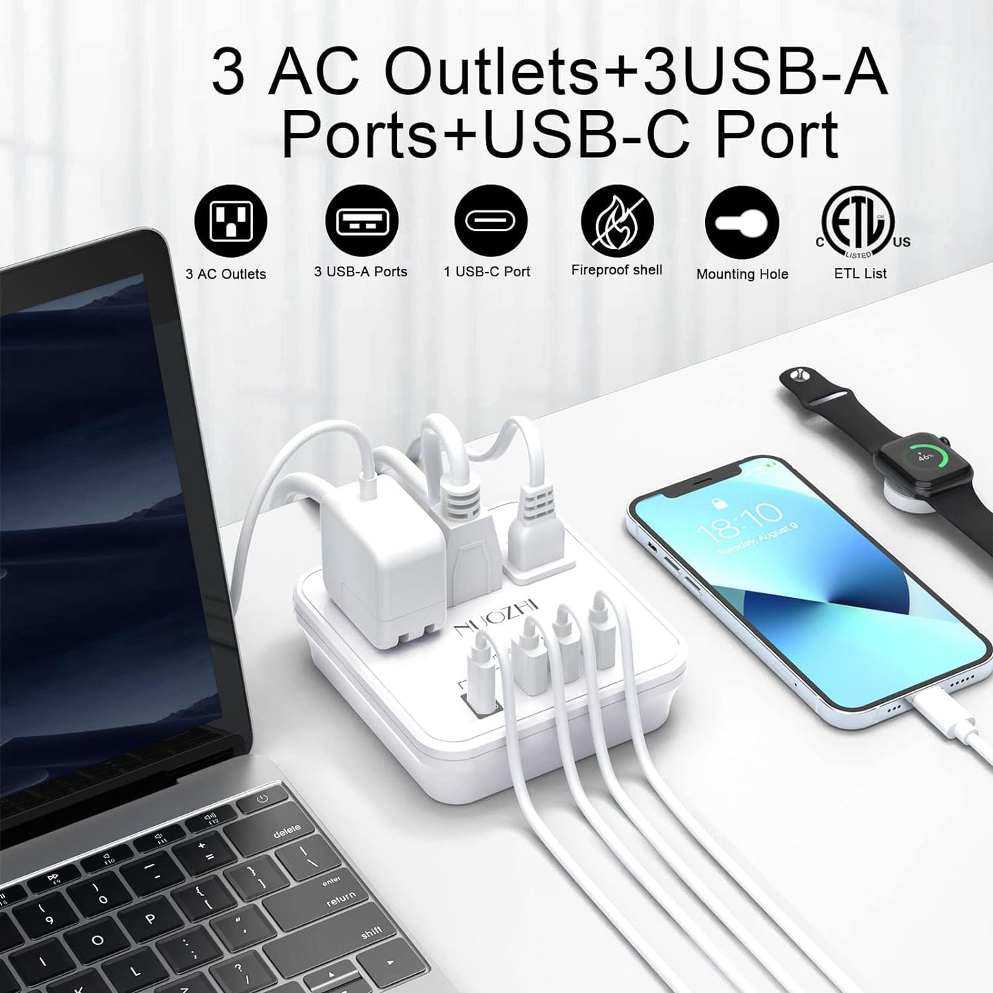 Cruise Essentials, NUOZHI 6 Ft Power Strip with 3 Outlets and 4 USB Ports(1 USB C), Non Surge Protector for Cruise Ship, Travel, Home Office, ETL Listed, White
