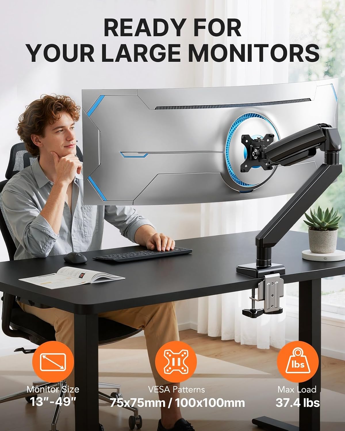 ErGear Heavy Duty Monitor Arm for 13-49″ Ultrawide Screens, 37.4 lbs Capacity, Full Motion Monitor Desk Mount, Rock-Solid Support, Dual C-Clamp & Grommet Mount, VESA 75x75/100x100mm