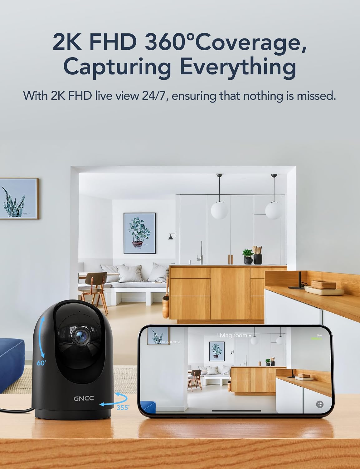 GNCC Security Camera, 2K Indoor Camera 360° Cameras for Home Security