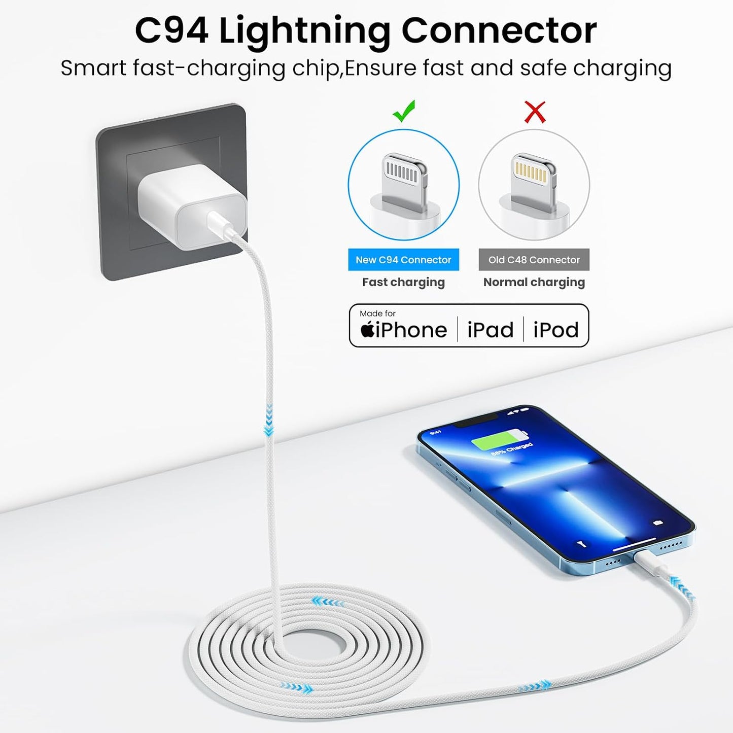 iPhone Fast Charger,[Apple MFi Certified]10FT Long USB C to Lightning Cable Cord for iPhone 14 13 12 11 Pro Max Plus Xs Xr X SE iPad,2Pack Type C Charger with 10FT Braided iPhone Charger Fast Charging
