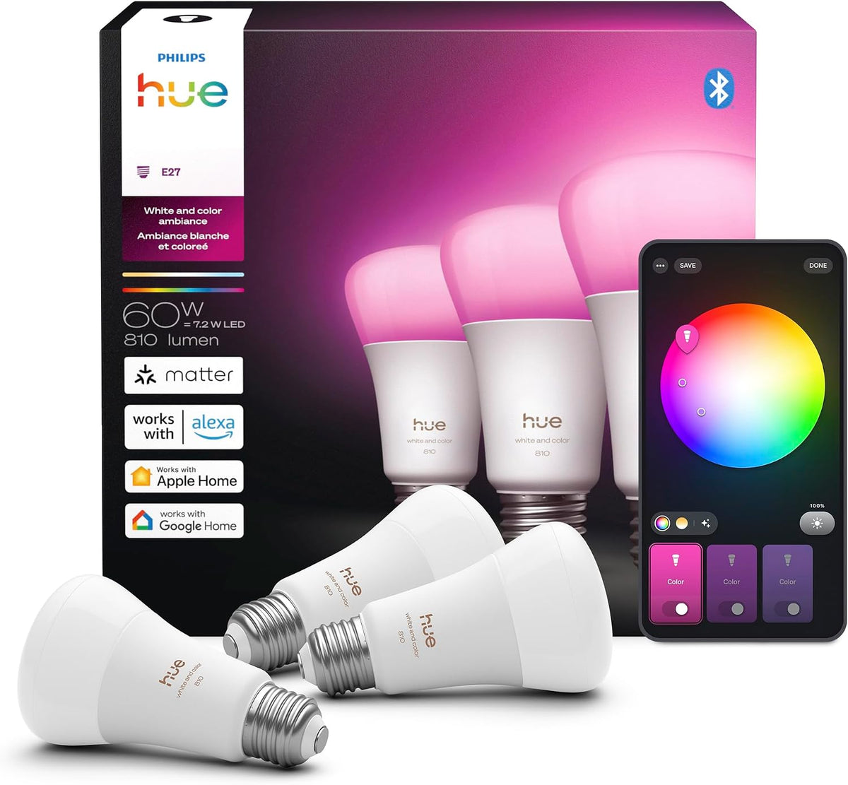 Philips Hue Smart LED A19 Bulb, 3-Pack
