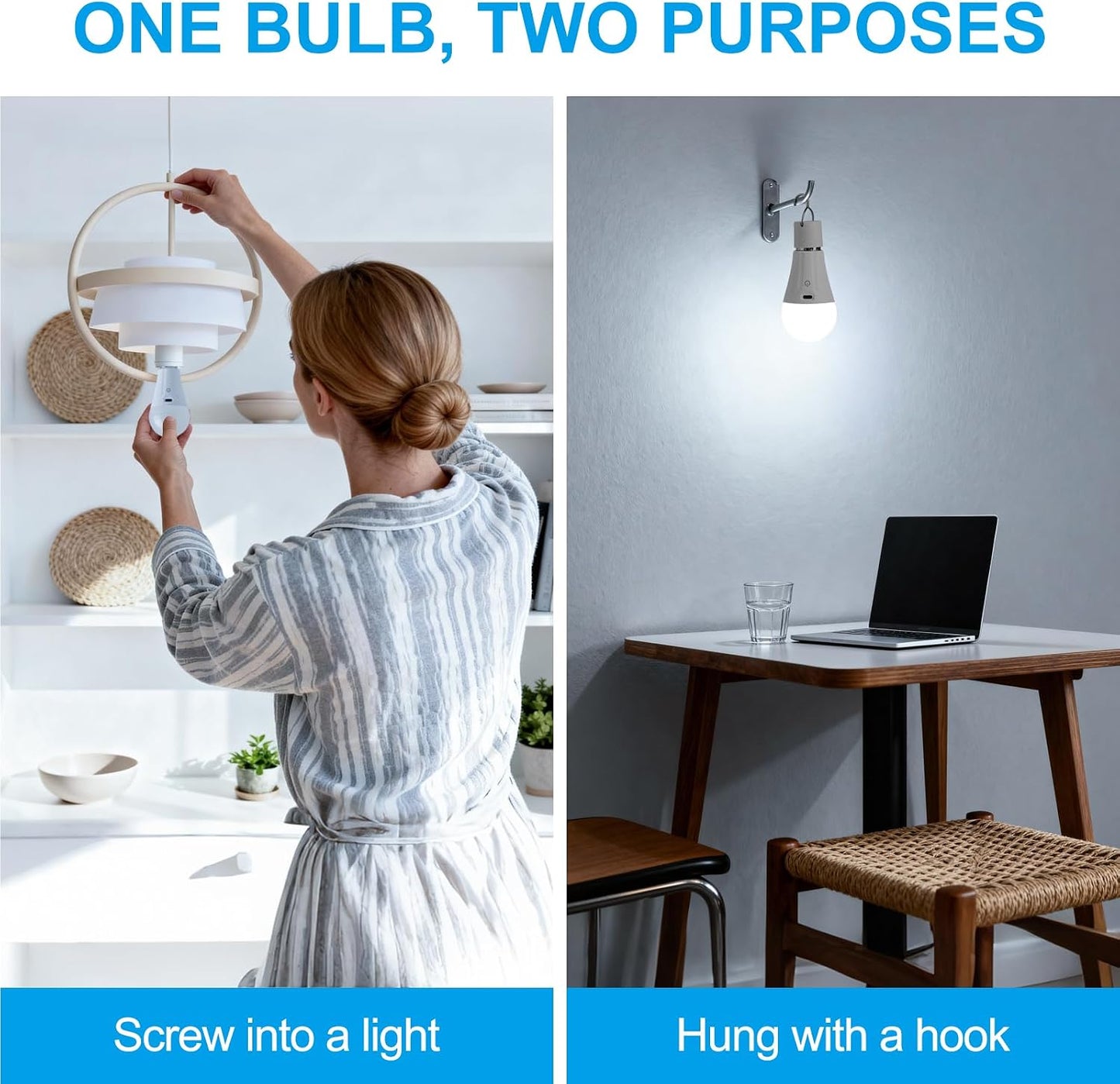 Powfloven E26 Rechargeable Light Bulbs with Remote and USB Charging, 1 Pack | Dimmable Battery Operated Light Bulb, 3 Color Temperatures, 4 Timer, A19 Wireless Light Bulbs for Wall Sconces, Not-Hardwired