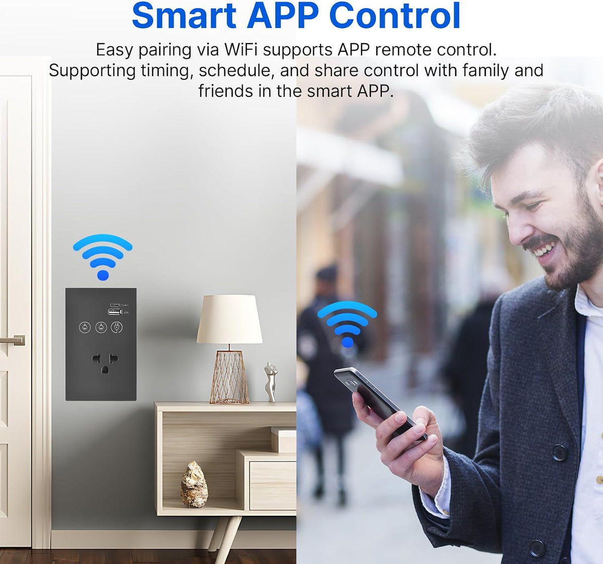 2.4GHz WiFi Light Switch with Type-C USB Power Outlet Neutral Wire Required 2 Way Control Tempered Glass Panel Timing Light Switch APP Voice Remote Control Smart Home Devices
