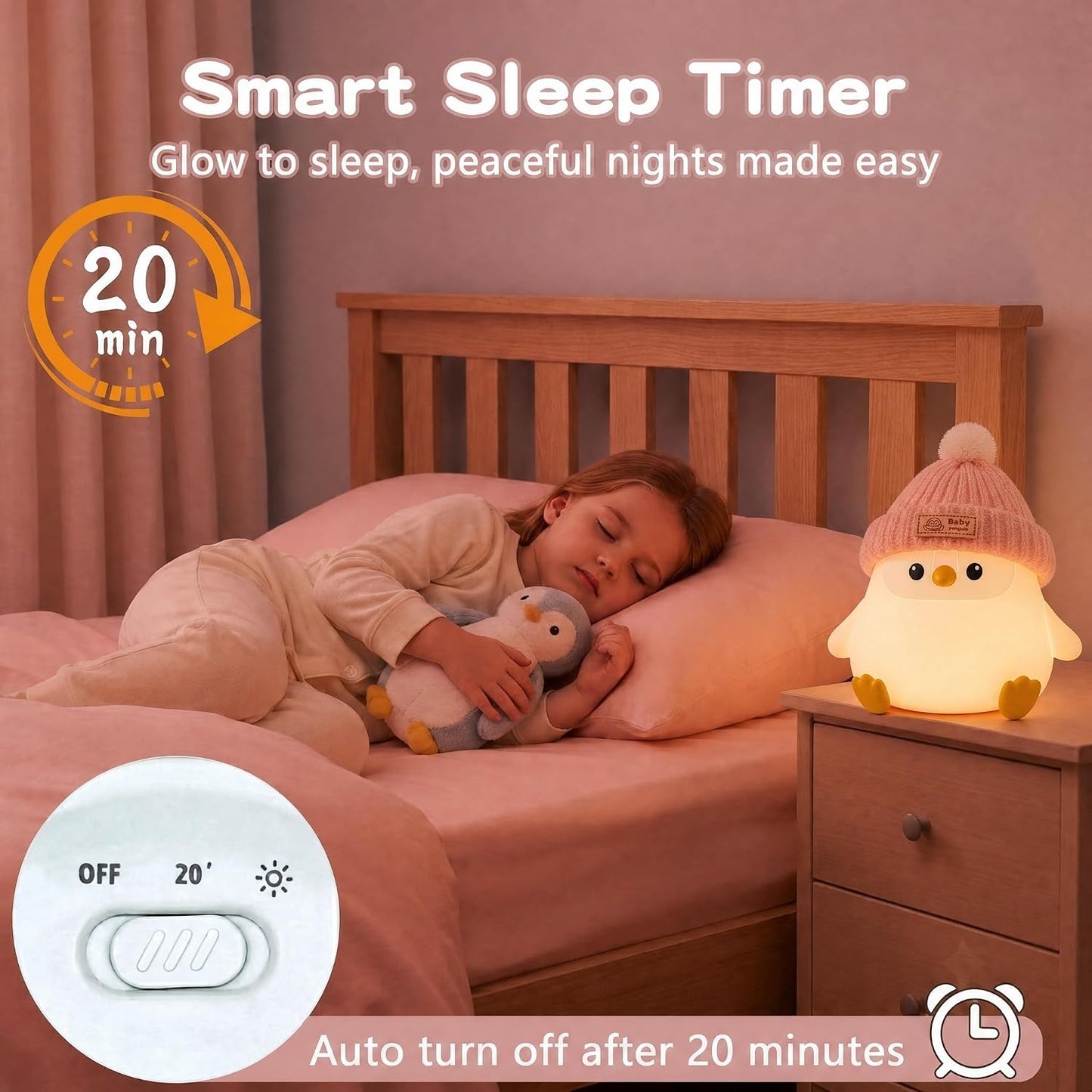 Penguin Night Light for Kids, Squishy Silicone Nursery Lamp | Tap Control, 2 Brightness, 20-Min Timer, 3000K Warm LED, BPA-Free Silicone, Nursery Decor, Gift for Kids