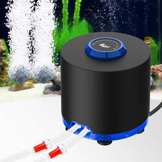 AQQA Aquarium Air Pump, 3W Powerful Dual Outlet Adjustable Oxygen Aerator | Quiet Operation, Stainless Steel Outlet Fish Air Pump, Adjustable Air Flow with Air Stone Bubbler, for Up to 80 Gallon Tank