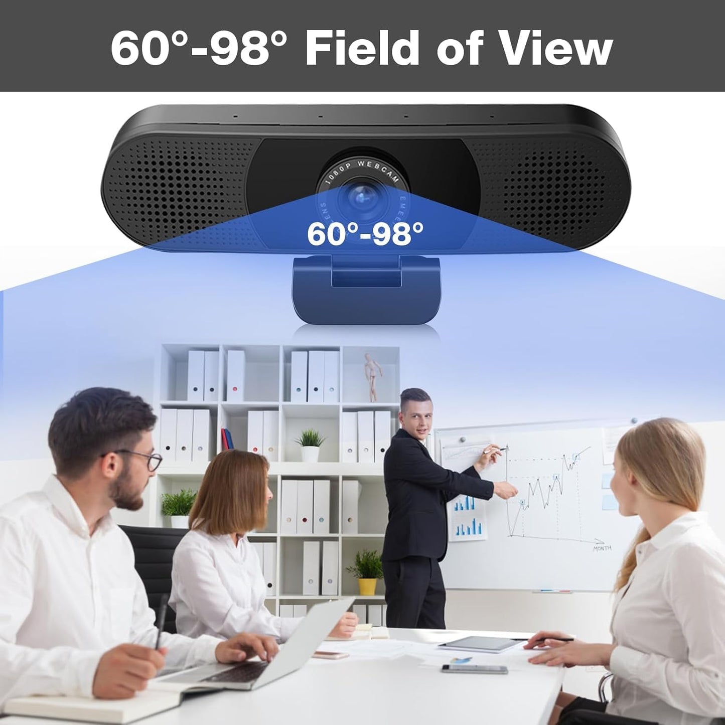 EMEET C980 PRO 3-in-1 1080P Webcam with Microphone and Speaker, 60°-98° FOV | Wide Angle Webcam w/ 4 Noise Cancel Mics 2 Speakers, Auto Low Light Correction W/Cover USB Camera for Online Conference/Class