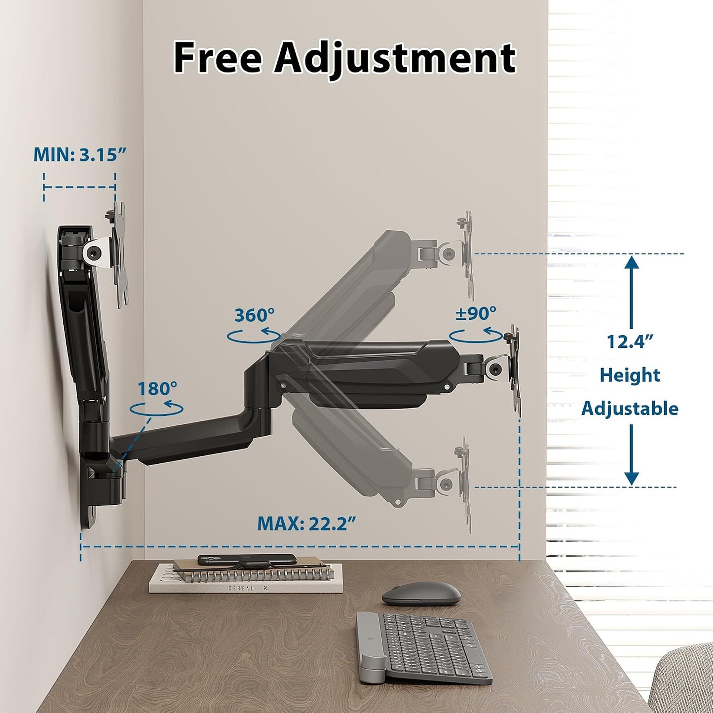 BONTEC Dual Monitor Wall Mount for 13-32 Inch Screens, VESA 75x75/100x100mm | Height Adjustable Gas Spring Arm with Tilt, Swivel & Rotate, Hold Up to 19.8 lbs, Fully Adjustable, Office & Home Use