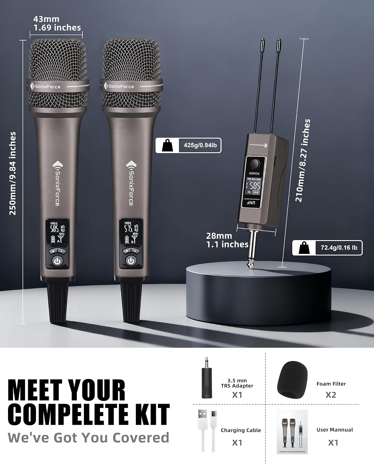 Wireless Microphone for Singing, Professional Vocal Microphone | UHF Wireless System, Plug-and-play, 260ft, Pickup Pattern, Long Battery, All-metal Build, Karaoke Microphone for Speaker