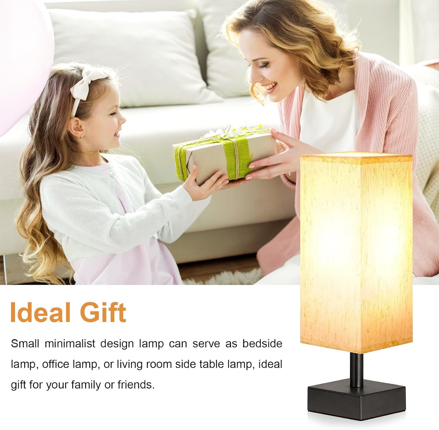 aooshine Small Bedside Table Lamp for Bedroom - Square Cream Fabric Shade | Inline Rocker Switch, Corded Electric, Bulb Not Included, 12.8" Mini Table Lamp for Nightstand, Desk, Dorm, Office