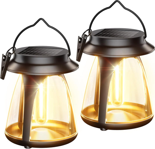 Outdoor Hanging Solar Lanterns, IP65, 2 Brightness Modes, 2 Pack | Warm white light with 2 brightness modes, 8–12 hour runtime and dusk-to-dawn sensor for patios, porches, yards and camping