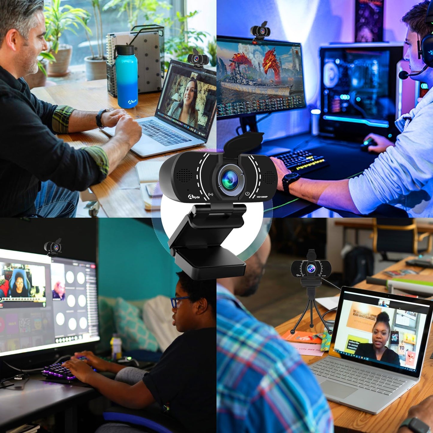Akyta Webcam for PC, 1080P Webcam with Microphone/Tripod/Privacy Cover/Wide Angle 110°, Plug & Play USB Web Camera for Desktop Computer PC Laptop Mac Video Calling/Streaming/Zoom Conference ﻿