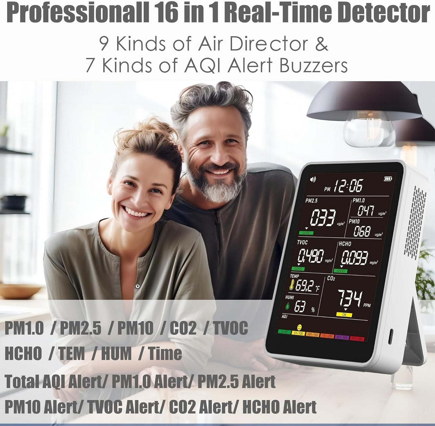 16-in-1 Indoor Air Quality Monitor, High-Precision Multi-Parameter Smart Air Quality Tester with HD Real-Time Color Screen, Portable Air Quality Monitor for Home, Office, Cars, School, Bedroom