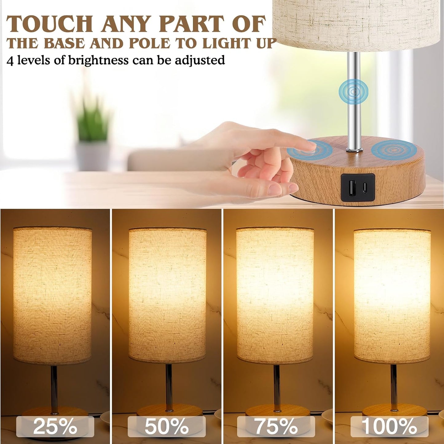 UNIFUN Nightstand Lamp, Touch Dimmable with USB-C Charging & Bulb | Includes E26 LED bulb，4 Brightness Levels，USB-A and Type-C ports，Natural wood base paired with a soft linen fabric shade
