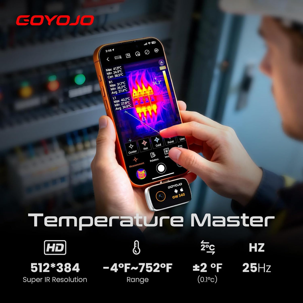 GW340 Thermal Camera for iPhone/Android/Tablet, 512x384 Super IR Resolution, Thermal Imager iOS 17/16/15 Series & iPads USB-C Port, 256x192 IR Resolution Home Inspection, HVAC, Automotive -4°F~752°F