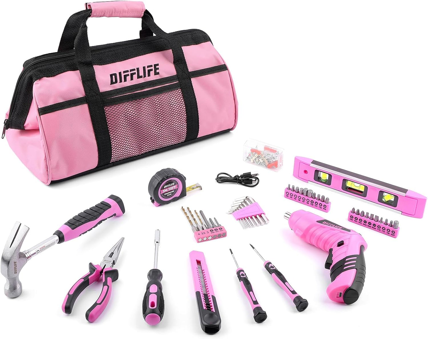 147 Piece Pink Power Drill Drivers Tool Set, 12V Cordless