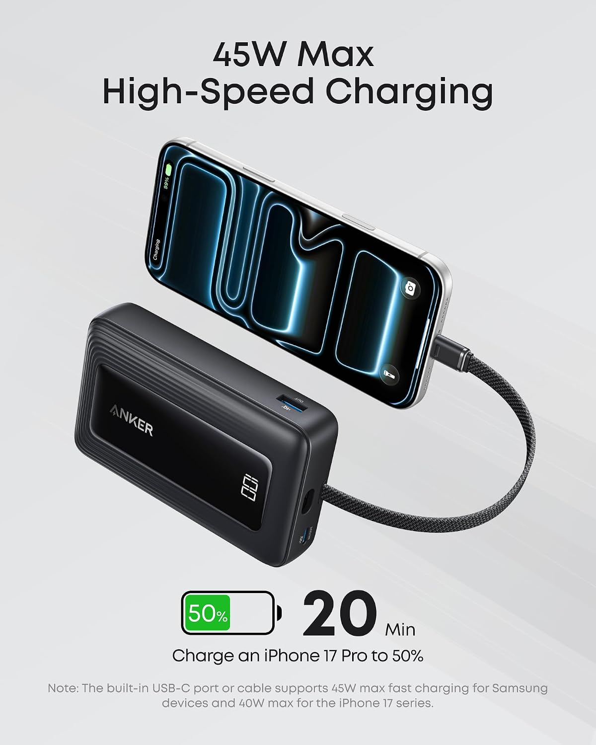 Anker Zolo Power Bank, 20,000mAh 45W Portable Charger with Built-in USB-C