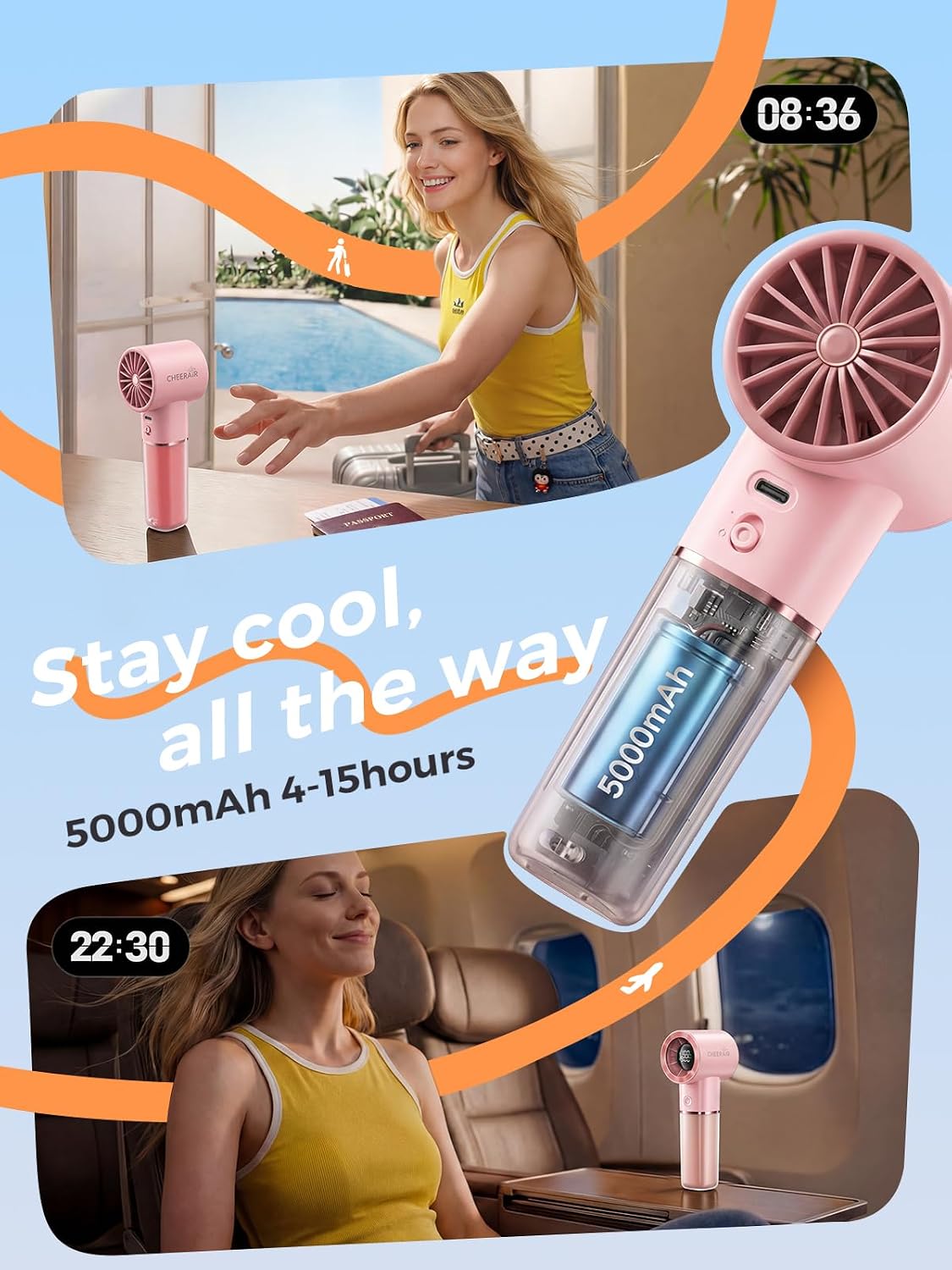 Handheld Portable Fan, 6-Speed Rechargeable Powerful Mini Fan | 5000mAh Battery Up to 15 Hours Runtime, Smart LED Display, Pocket Turbo Personal Fan for Travel, Camping, Makeup
