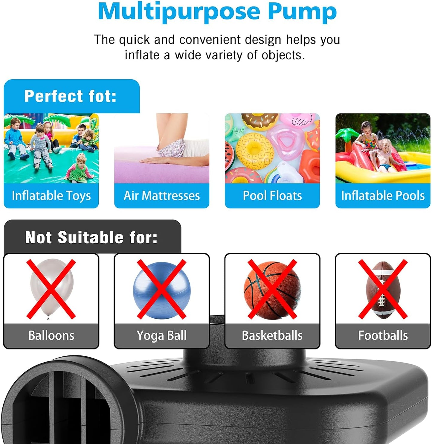 Electric Air Pump for Inflatables,Portable Quick-Fill Air Pump with 3 Nozzles,110V AC/12V DC,Inflator & Deflator Pumps for Outdoor Camping,Air Mattress Beds,Boats,Inflatable Cushion,Couch,Pool Floats