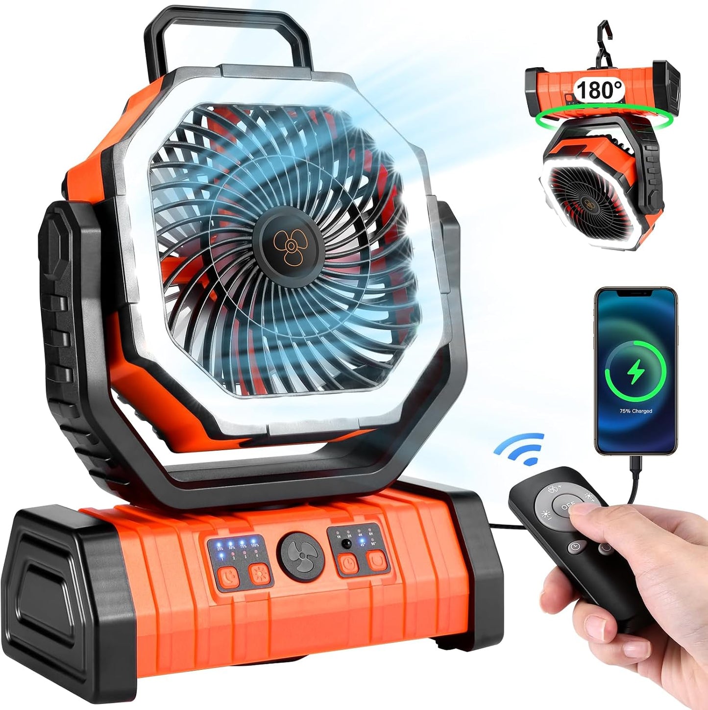 Odoland 30000mAh Camping Fan with LED Lantern, Rechargeable Battery Fan | Operated Oscillating Fan with Remote & Hook, Portable Tent Fan with Timer, 4 Speeds for Outdoor Camp RV Power Outage, Orange