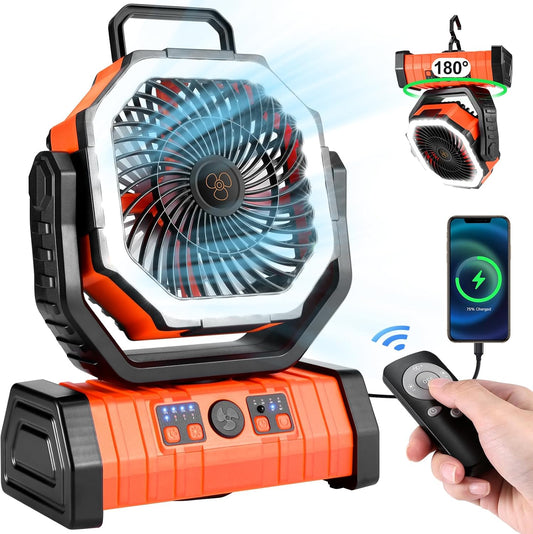 Odoland 30000mAh Camping Fan with LED Lantern, Rechargeable Battery Fan | Operated Oscillating Fan with Remote & Hook, Portable Tent Fan with Timer, 4 Speeds for Outdoor Camp RV Power Outage, Orange