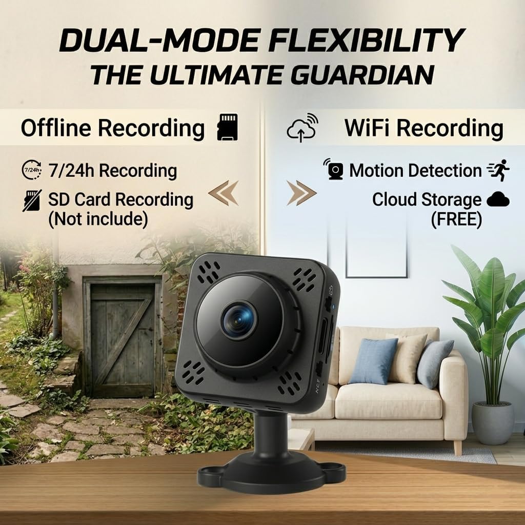 Shibet Hidden Camera, Mini Nanny Cam Wireless with Free Cloud, 2K HD Security Camera WiFi/Offline Recording, Motion Detection & Night Vision for Pet/Baby Monitor with Magnetic Mount