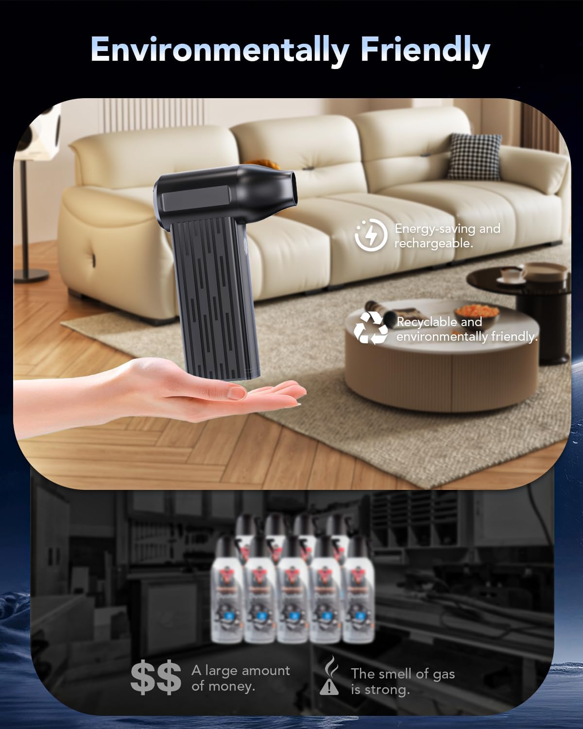 Rechargeable Compressed Air Duster, Min Blower Jet Turbo Fan, 200,000RPM 3-Gear Adjustable,Car Dryer Air Blower Cleaning,Air Cleaner for Computer,Cordless Leaf Blower Multi-Use
