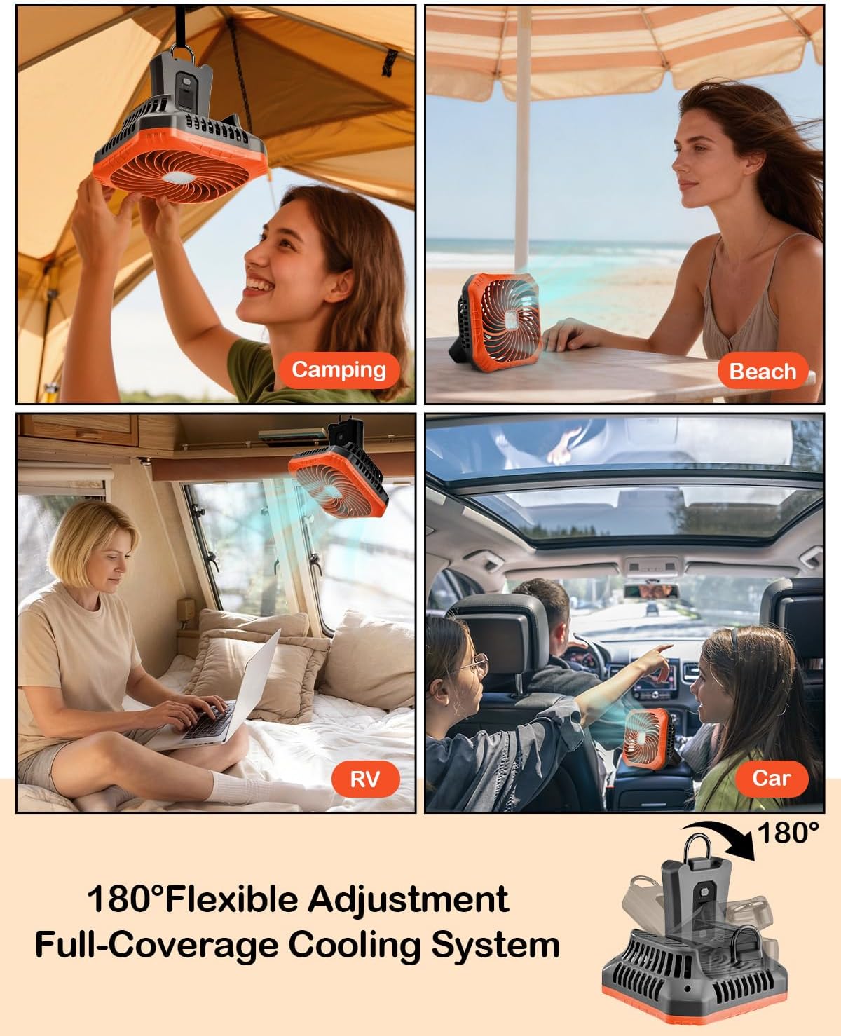 Odoland Portable Camping Fan with LED Lantern, 40H Rechargeable Battery Fan | Quiet Tent Fan with Hanging Hook for RV Car Beach Outdoor Hurricane Emergency Outages, 4-Speed Wind & 3-Color Light