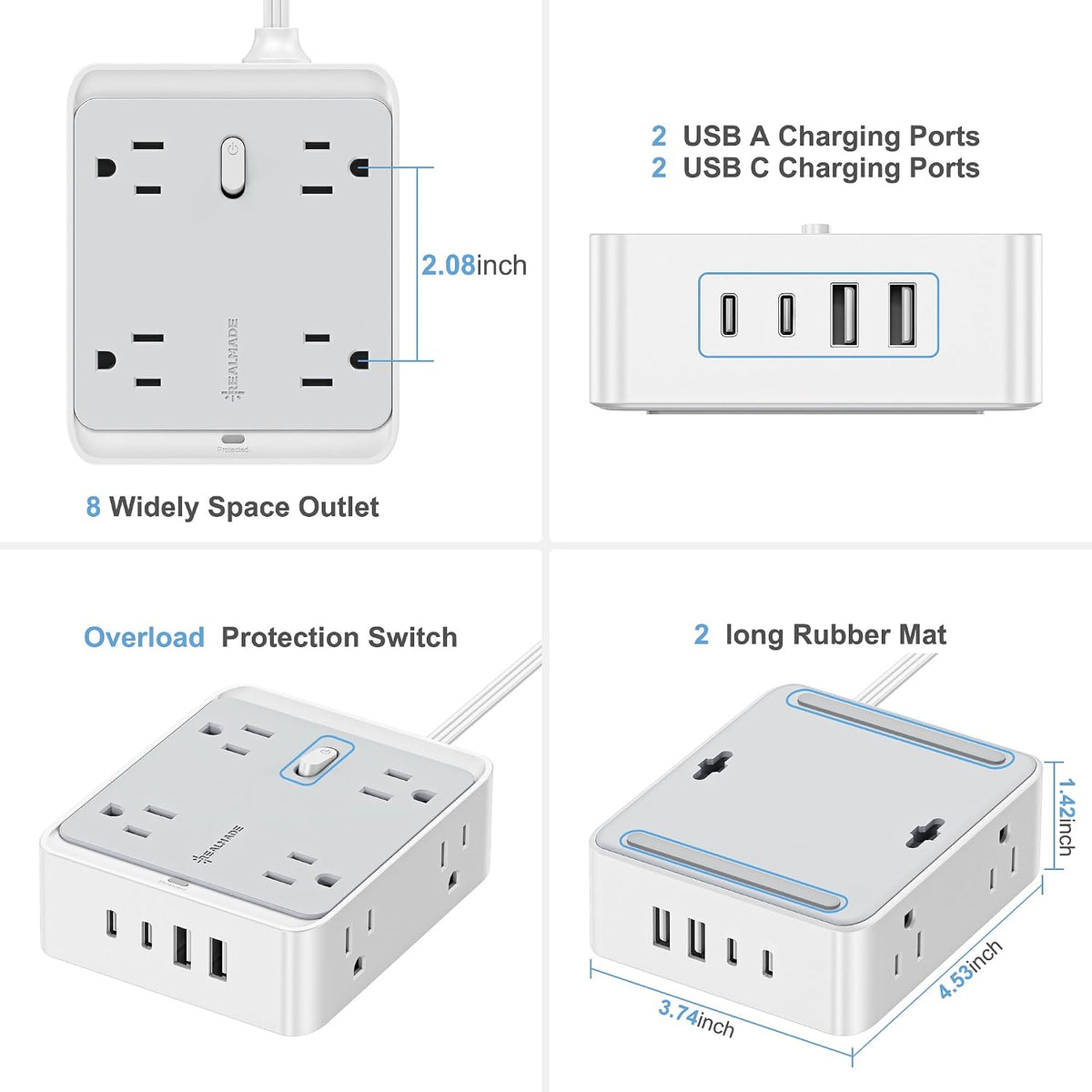 Surge Protector Power Strip, REALMADE 8 AC 4 UAB Power Strip with 950J Surge Protection, Flat Plug Outlet Extender, 10Ft Extension Cord, Wall Mount Desk Charging for Home Office， Gray & White