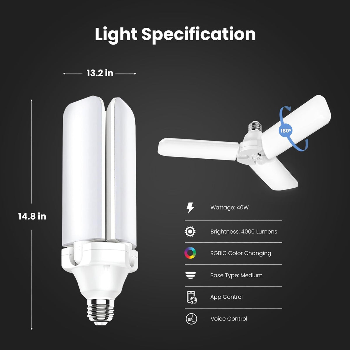 Feit Electric Smart LED Garage Light, 4000 Lumens RGBW Color Changing Deformable Panels, 2.4GHz WiFi App Control, Works with Alexa & Google, E26 Screw-in Ceiling Light for Garage ADJ4000/RGBW/LED/AG