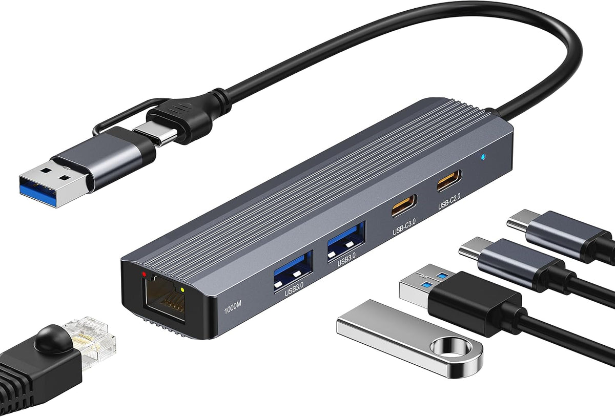USB C/USB Hub with Ethernet, 5-in-2 Multiport Adapter for Laptop iPad