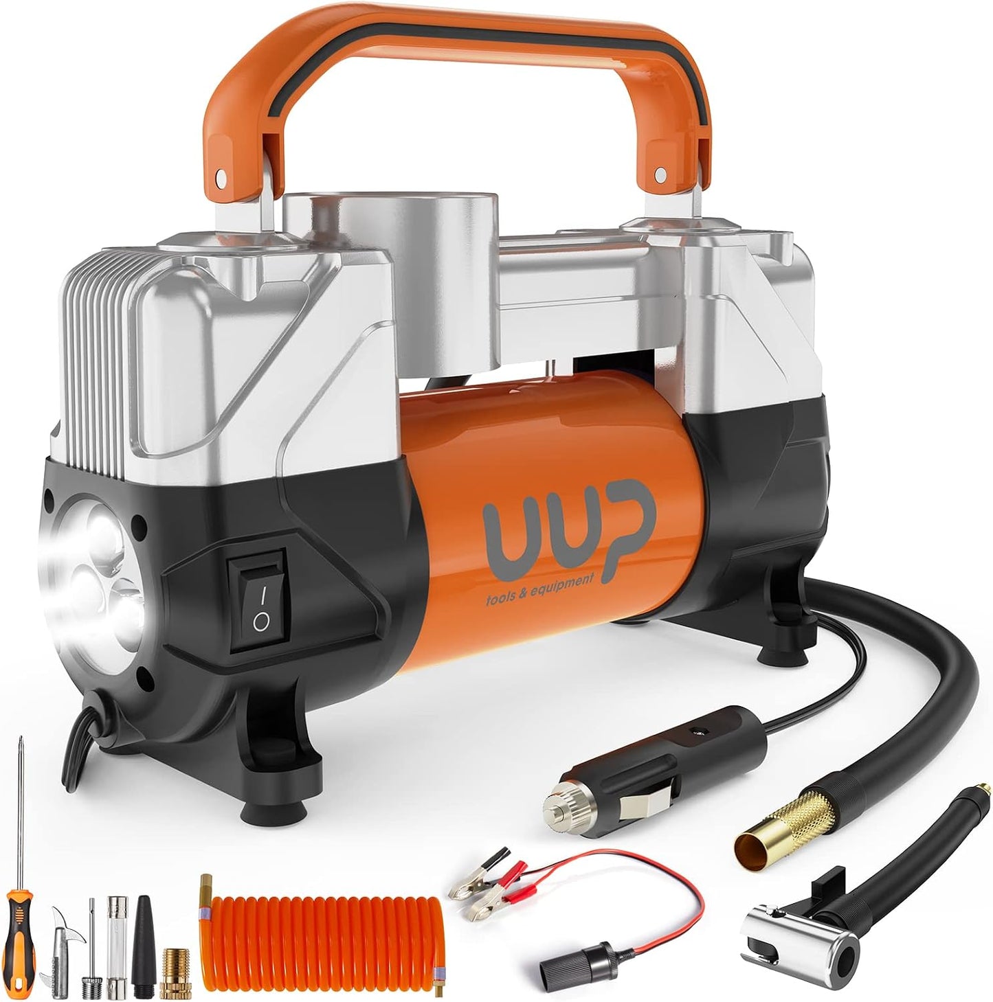 UUP Portable 12V Air Compressor, 150 PSI Tire Inflator with Dual Cylinders | Heavy-Duty Air Pump with Emergency LED Light for Car, Truck, SUV, RV, Bicycle Tires, Balls, Air Mattress, Orange