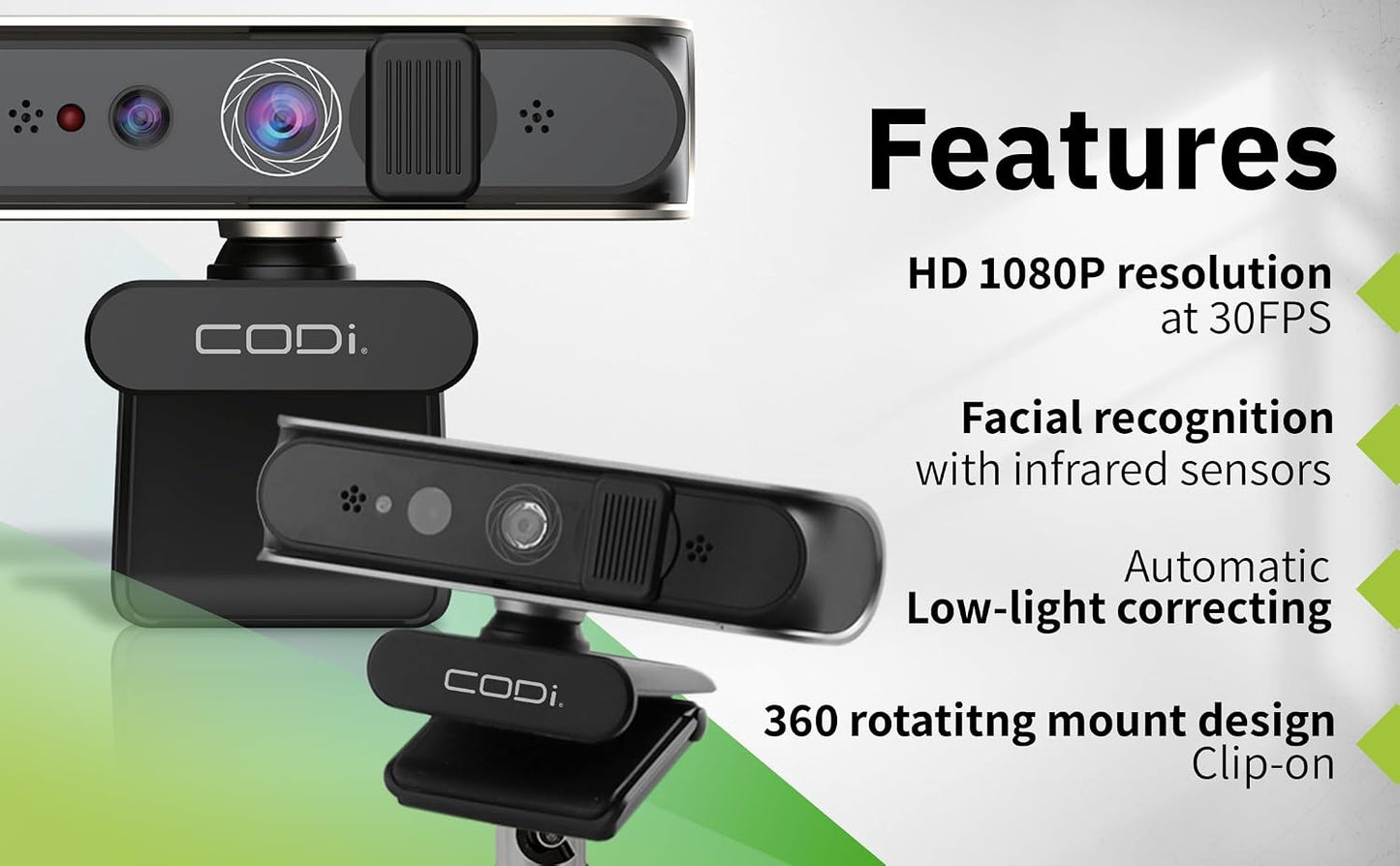 CODi Allocco HD 1080P IR Webcam with Windows Hello Facial Recognition, 30FPS USB-A Camera with Built-in Microphone, Auto Low-Light Correction for Video Conferencing &amp; Streaming