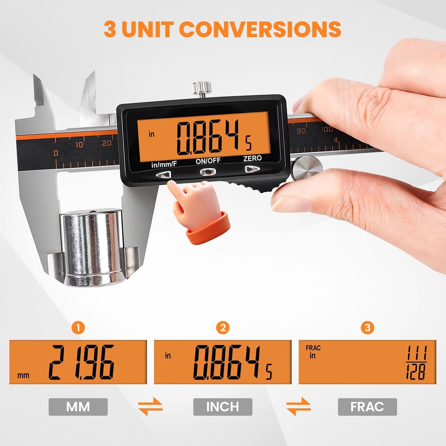 HARDELL Digital Caliper 6 Inch with Orange LCD, USB-C Calipers, Non-Backlit | Easy-read Orange LCD, Stainless Steel & USB-C Micrometer, Inch/mm/Fraction, Auto-Off. For DIY, 3D Printing, Hobbies