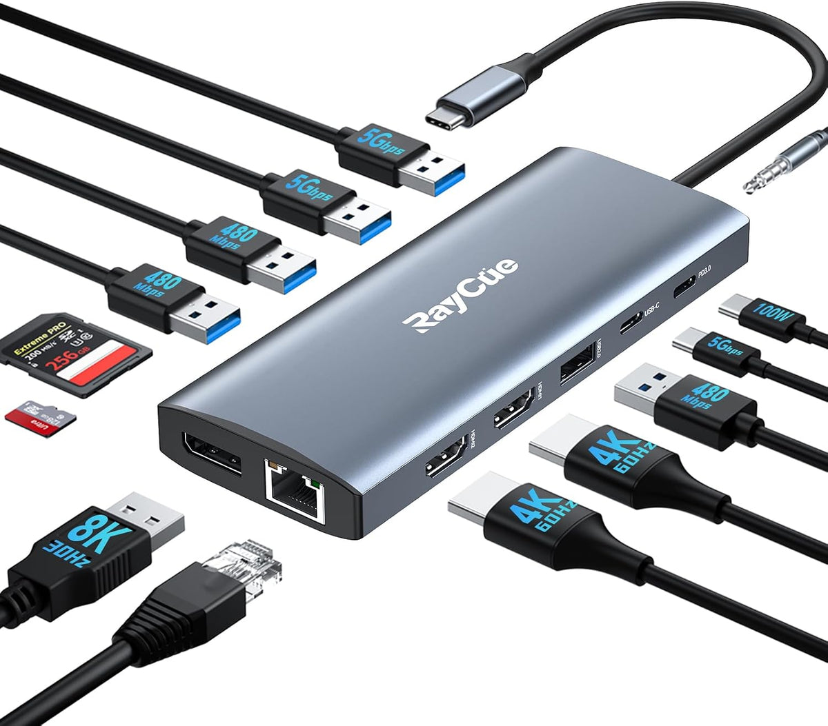 USB C Docking Station Dual Monitor Adapter, 8 in 1 Laptop Docking Station 3 Monitors Quadruple Display USB C Hub Dongle to 4K HDMI+DP+VGA