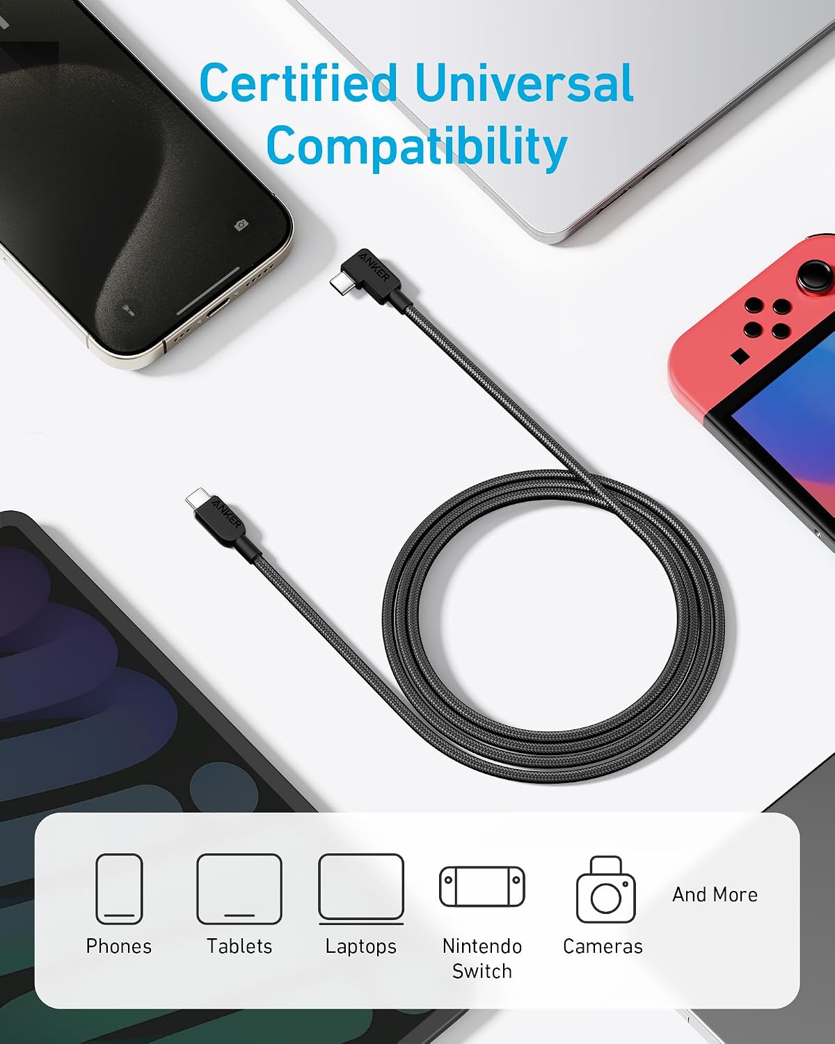 Anker USB C to USB C Right-Angle Cable, 240W (2-Pack, 6 ft, Black) | 90-Degree Braided USB C Charging Cord for iPhone 17 Series and More