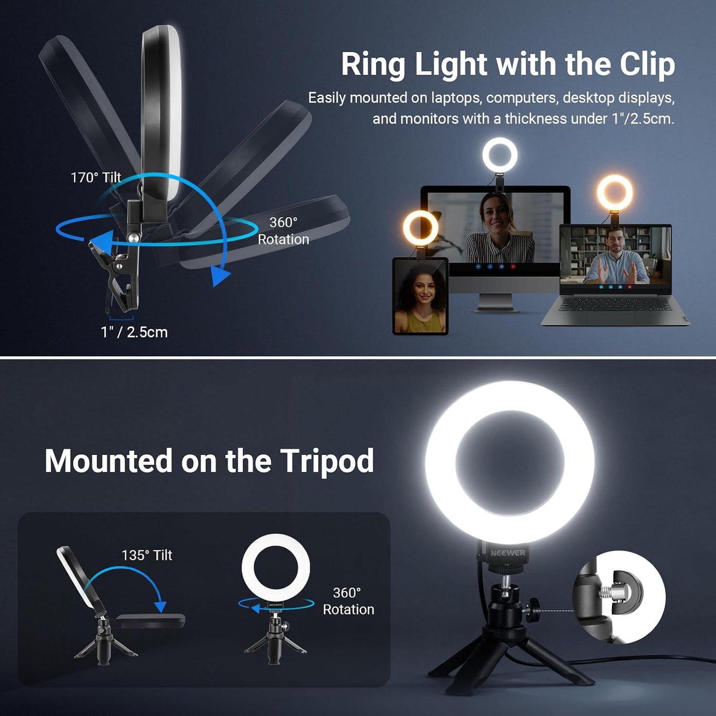 NEEWER Basic 5" Ring Light for Video Conference Lighting, Clip on Light Kit with Desk Tripod Stand for Monitor Laptop Computer Zoom Call Live Streaming Remote Working Learning Video Recording, BR60