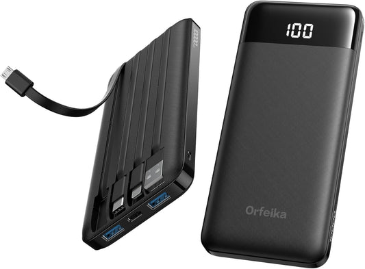 Orfeika Fast Charging Portable Charger Power Bank with Built-in 4 Cables | 10000mAh|Ultra-Slim&Light|Flight-Safe|Power 6 Devices at Once|22.5W|Battery Pack For iPhone,Samsung,Google|Travel Essentials
