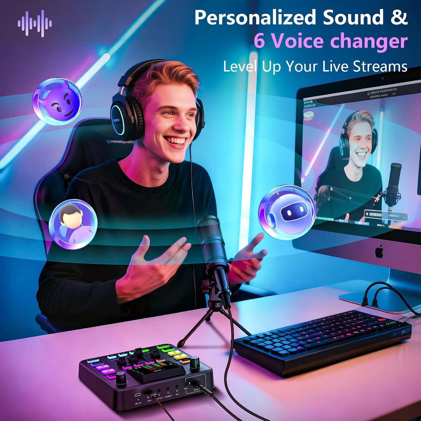 Podcast Equipment Bundle, Audio Mixer with Dynamic Microphone for PC, Gaming Equipment Set for Podcast Recording, Changer Voice/Denoise/Reverb/Bluetooth,Live Streaming, Video Vocals（Phone/PS5)