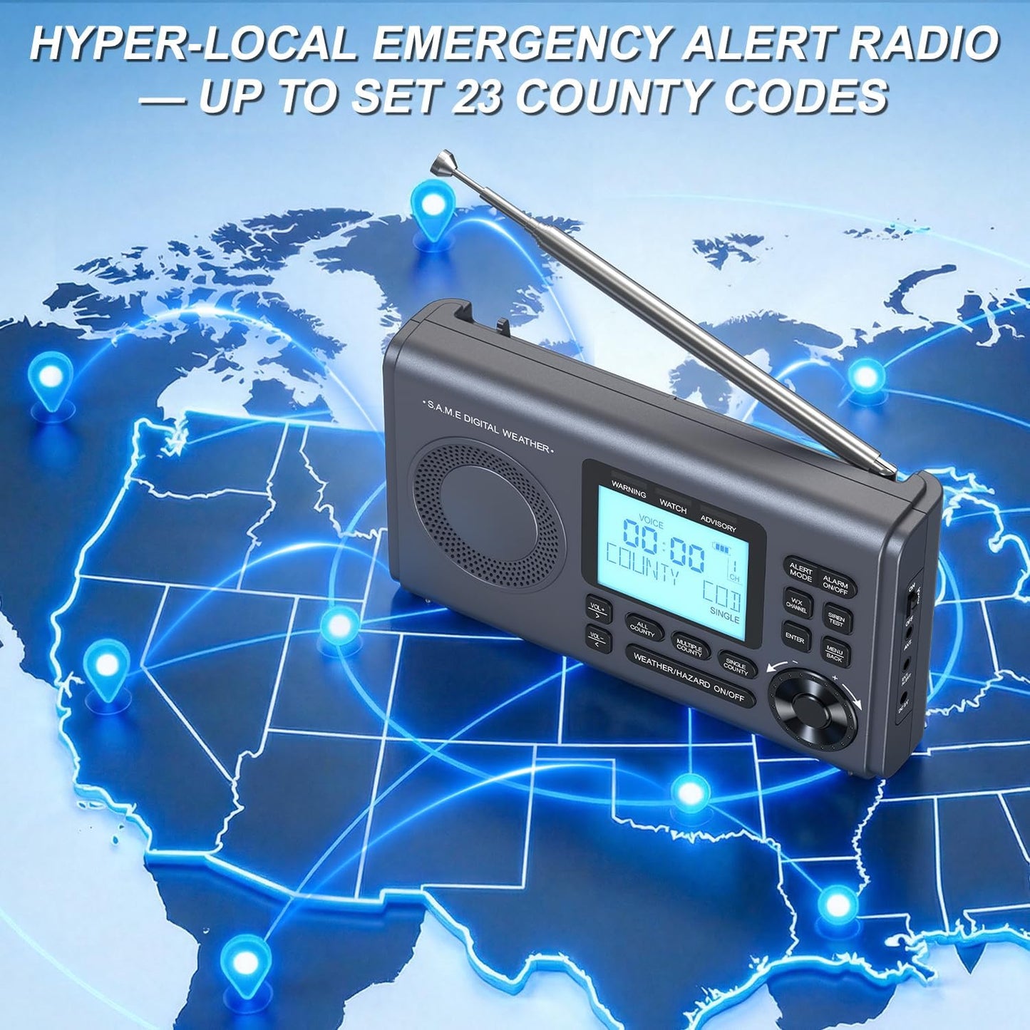 RunningSnail NOAA Weather Radio with 80+Emergency Alerts, 23 S.A.M.E Localized Programming County Codes, Battery Backup, Alarm, Selectable Alert Tone (with External Antenna & External Warning Light)