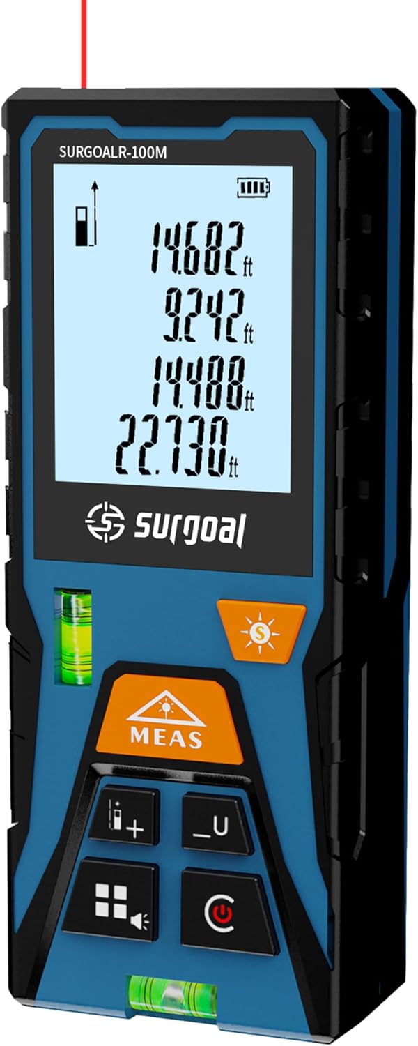 Laser Distance Measure Backlit LCD with Bubble Levels Enhanced-Bright 328FT | Area / Volume / Pythagorean, Ft/In/Ft+In/M Unit Switching, Includes AAA Batteries, Home DIY Woodworking Indoor Projects Gift