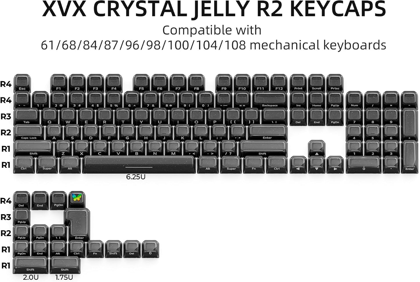 OHY XVX Starry Side-Printed Translucent Black Crystal MDA Profile Keycap Set (Sparkle Finish), 122-Keys Double Shot PC+ABS for MX Switches & ANSI Layout Mechanical Keyboards-Black