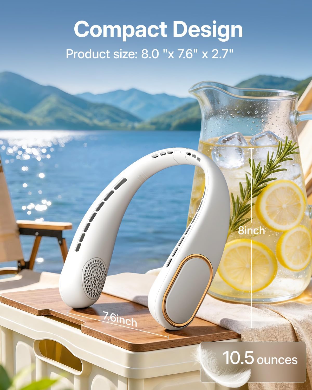 SHEWIND Portable Neck Fan - 5000mAh Rechargeable Hands-Free Wearable Fan | 4 Speeds, Bladeless & LED Display | Personal Cooling Fan for Travel, Outdoors, Camping - White
