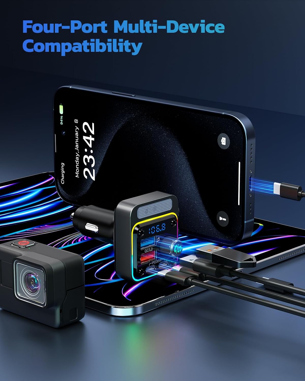 Nulaxy 54W Bluetooth 5.3 Car Adapter, FM Transmitter 4-Port Fast Charging | Wireless FM Radio Music Player with Deep Bass, 5 Colors LED Backlit, Hands-Free Calling, PD&QC Car Charger Support USB Drive