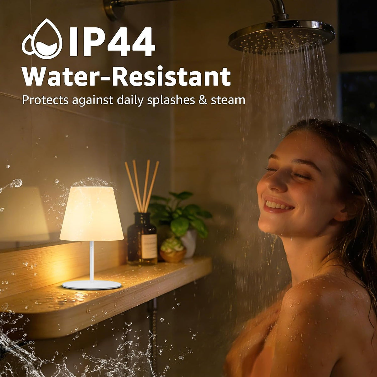 uuffoo 2 Pcs Mini Touch Shower Lamps Waterproof with 2-Step Warm White | Soft Light for Eye Care, Cordless Recharge lamp, RGB, IP44, Dual Plug USB Charging Cable, Color Temperature Memory (White)