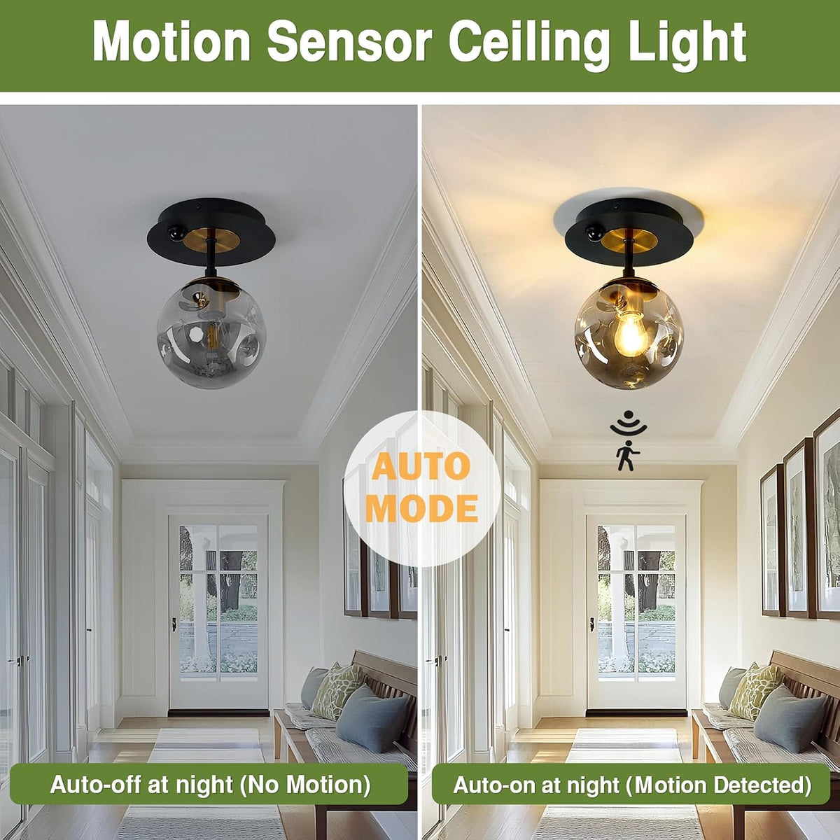 Motion Sensor Light Indoor 1-Light Mini Glass Globe Ceiling Light Fixture Modern Black Semi Flush Mount Light for Hallway Entryway Porch Stairway Closet