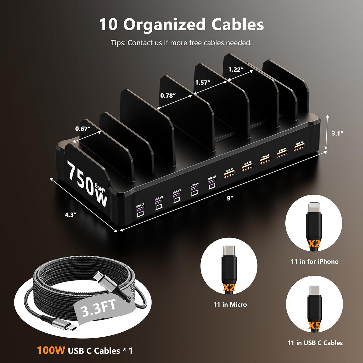750W Charging Station for Multiple Devices, Zobirez 10-Port Fast Charger, 5 USB-C 120W Each and 5 USB-A 30W Each, Desktop Charging Hub for Laptop Phone Tablet, Black