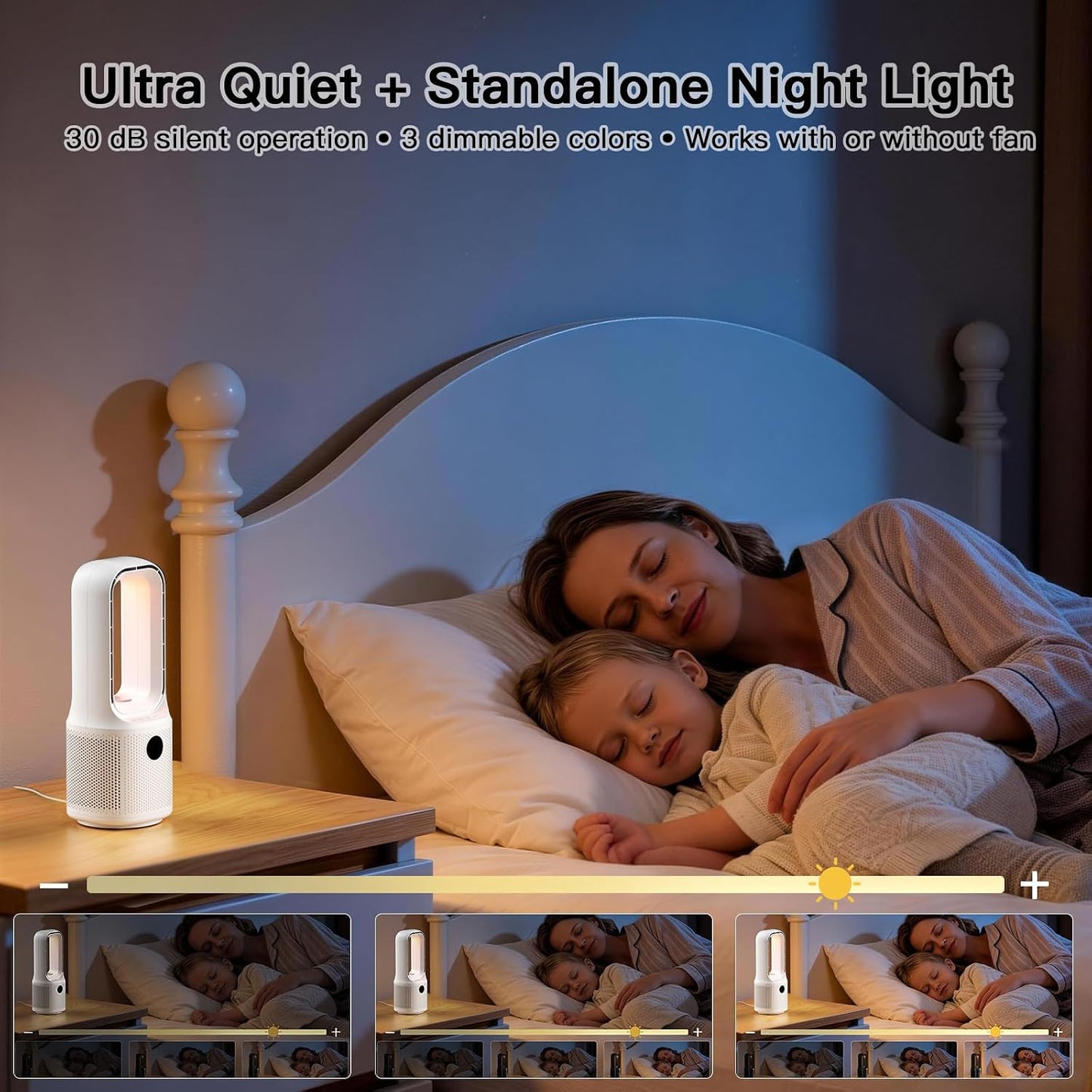 let'me Bladeless Desk Fan Small Quiet,5-Speed Bedside Table Fan with 3-Level Brightness Night Light, 72° Oscillation, 9-Hour Timer, Wired Power with Adapter,Fan for Bedroom Office Home,13x5 Incn