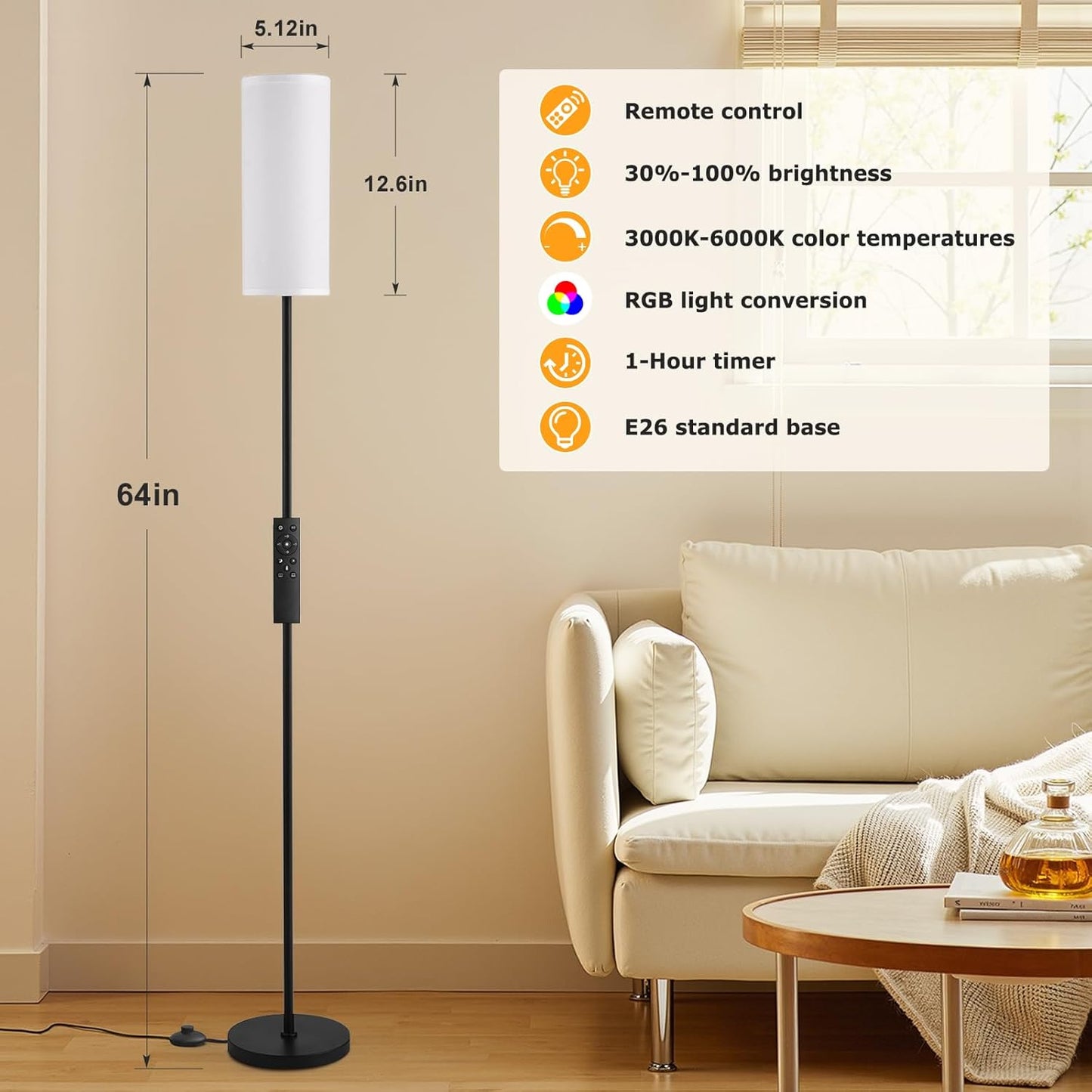 64'' Floor Lamps for Living Room with Remote Control and RGB + Stepless Dimmable Colors Temperature & Brightness, 9W Smart Bulb Included(White Shade & Black Pole)